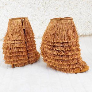 Fun Flirty Fringe High Heel Open Toe Ankle Boots Golden Yellow Last One